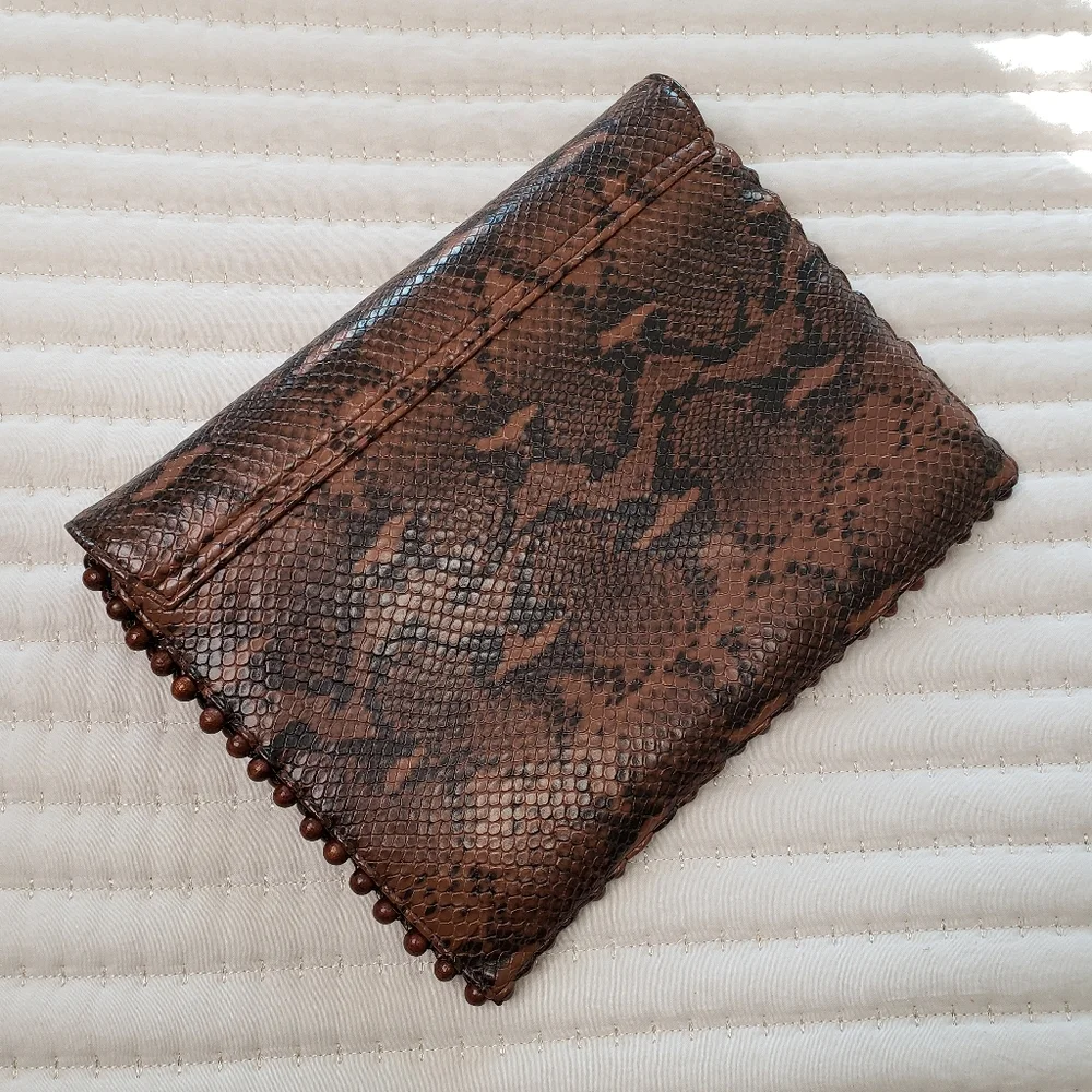 Brown Beaded Snake print Clutch Bag - Picture 5 of 10